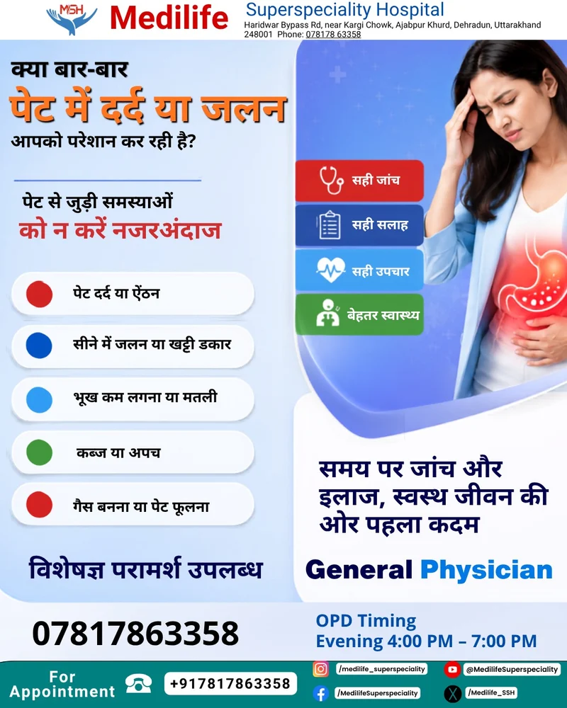 Medilife health awareness poster: stomach pain and acidity symptoms, with General Physician OPD timings